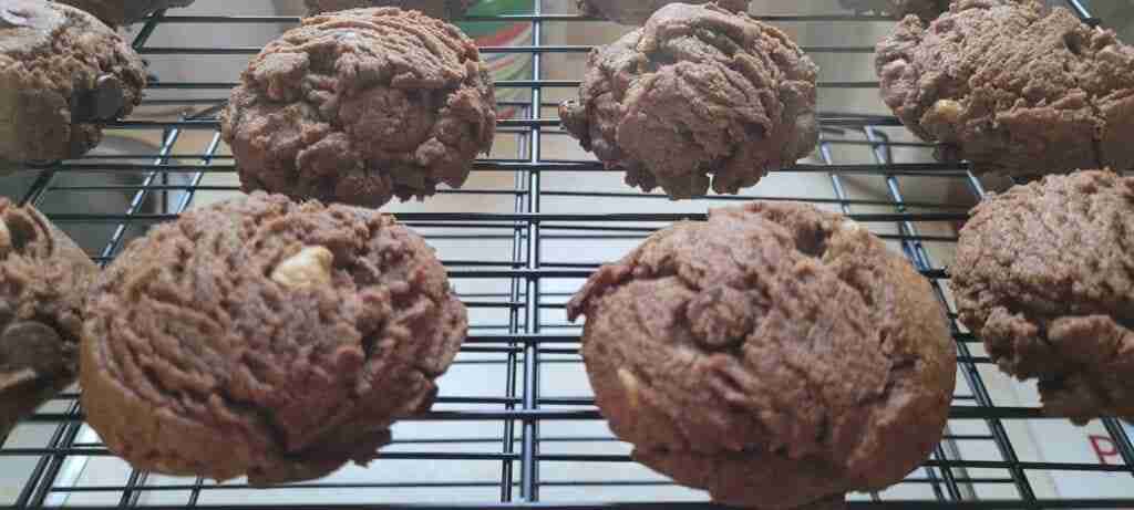 double chocolate chocolate chip cookies cooling