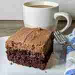 square of chocolate cake on a white plate with a fork and blue napkin. a cup of coffee in the background