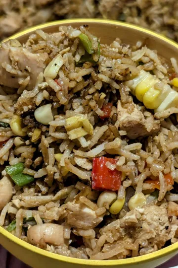 A bowl of chicken fried rice.