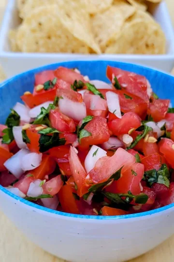 A small bowl filled with fresh salsa. There is a dish of tortilla chips behind it.