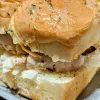 Slider bun with ranch seasoned chicken and bacon.
