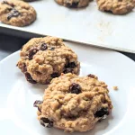 Two rum raisin oatmeal cookies on a plate with a tray of cookies in the back.