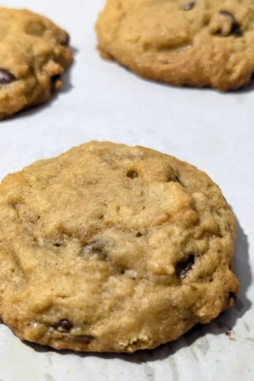Pumpkin Chocolate chip cookies on a parchment lined baking sheet.