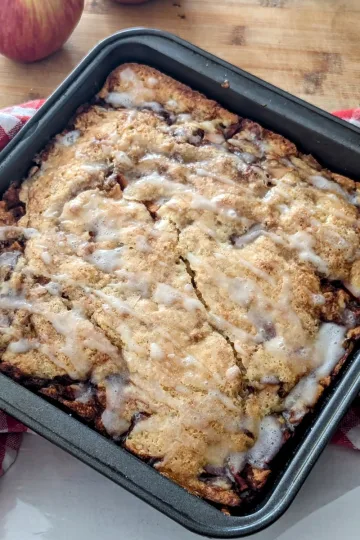 A pan of Apple cinnamon cake on a red and white checkered towel with an apple barely visible behind it.
