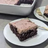 A piece of chocolate sheet cake on a white plate with a gold fork. The rest of the cake is in the background in a pan, with a second slice of cake and a fork to the right.