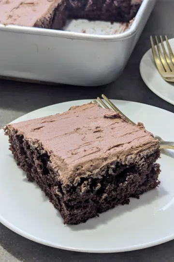 A piece of chocolate sheet cake on a white plate with a gold fork. The rest of the cake is in the background in a pan, with a second slice of cake and a fork to the right.