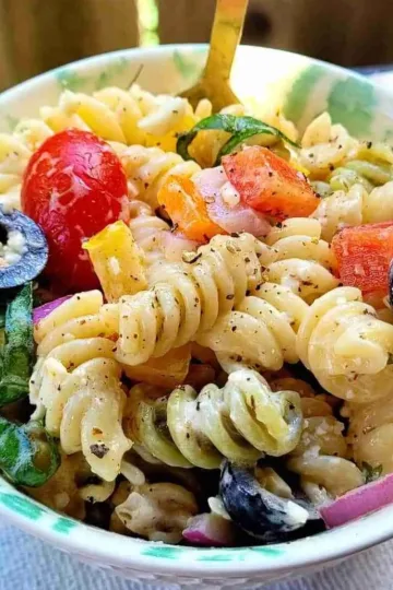 Bowl of easy pasta salad.