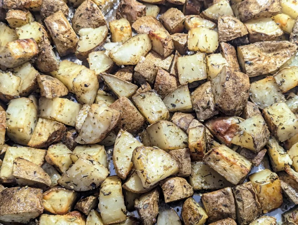 A pan of roasted potatoes.