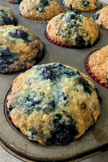 Buttermilk blueberry muffins in a muffin pan.