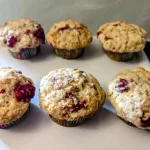 Six raspberry muffins on a plate.