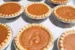 Nine mini pumpkin pies lied up in three rows of three on parchment paper lined tray.