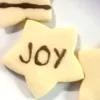 Star shaped vanilla almond cookie with the word joy written in chocolate on it.