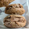Two Hazelnut Chocolate Sandwich Cookies on edge with a sprinkle of icing sugar on them.