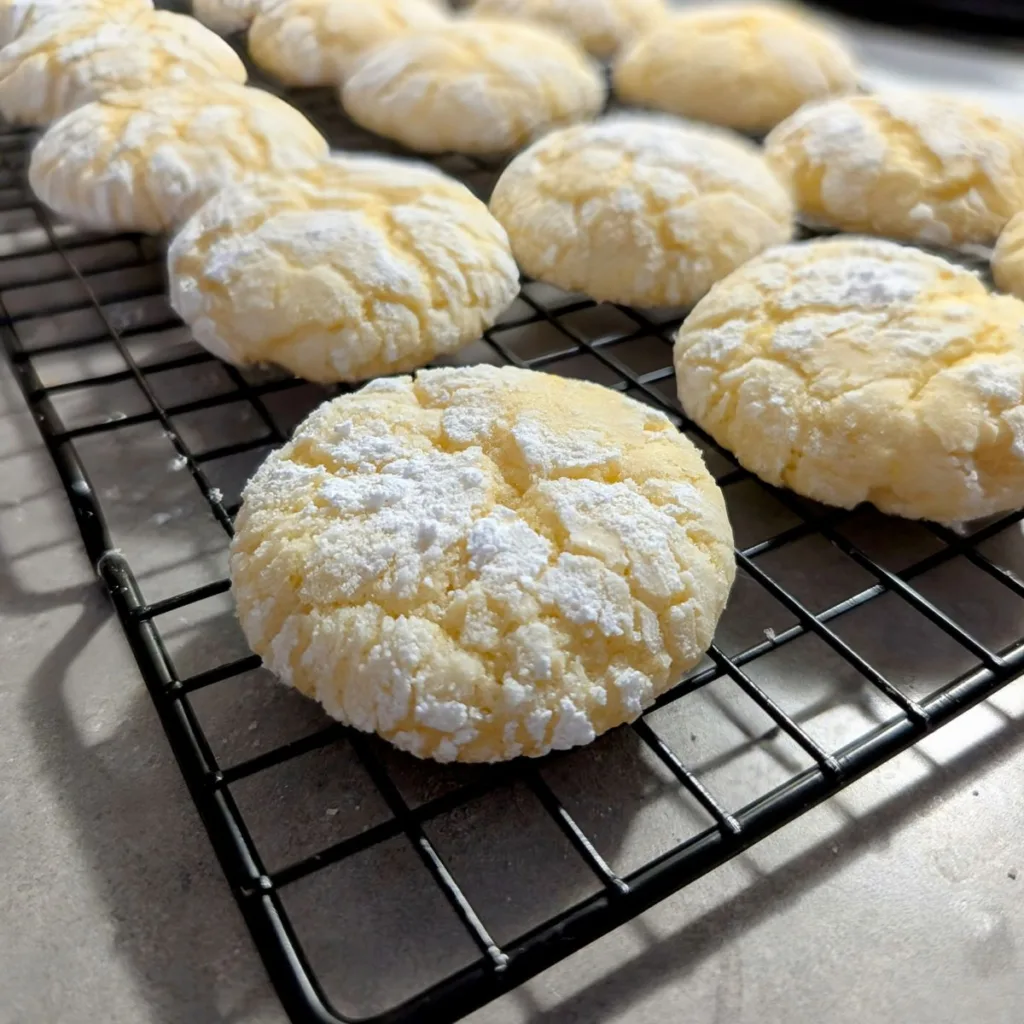 Lemon Crinkle Cookies on a cooling rack.