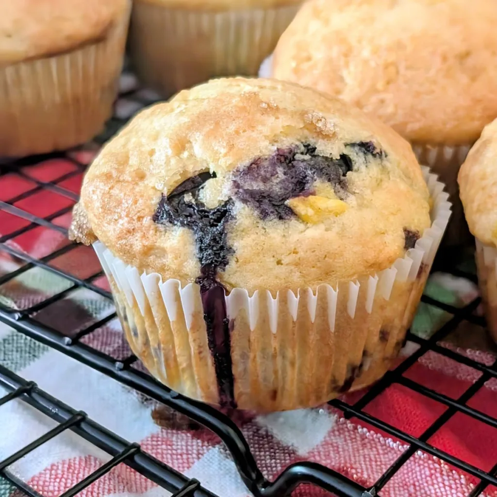 Blueberry Peach Muffin on a cooling rack with more Blueberry Peach Muffins behind the muffin.