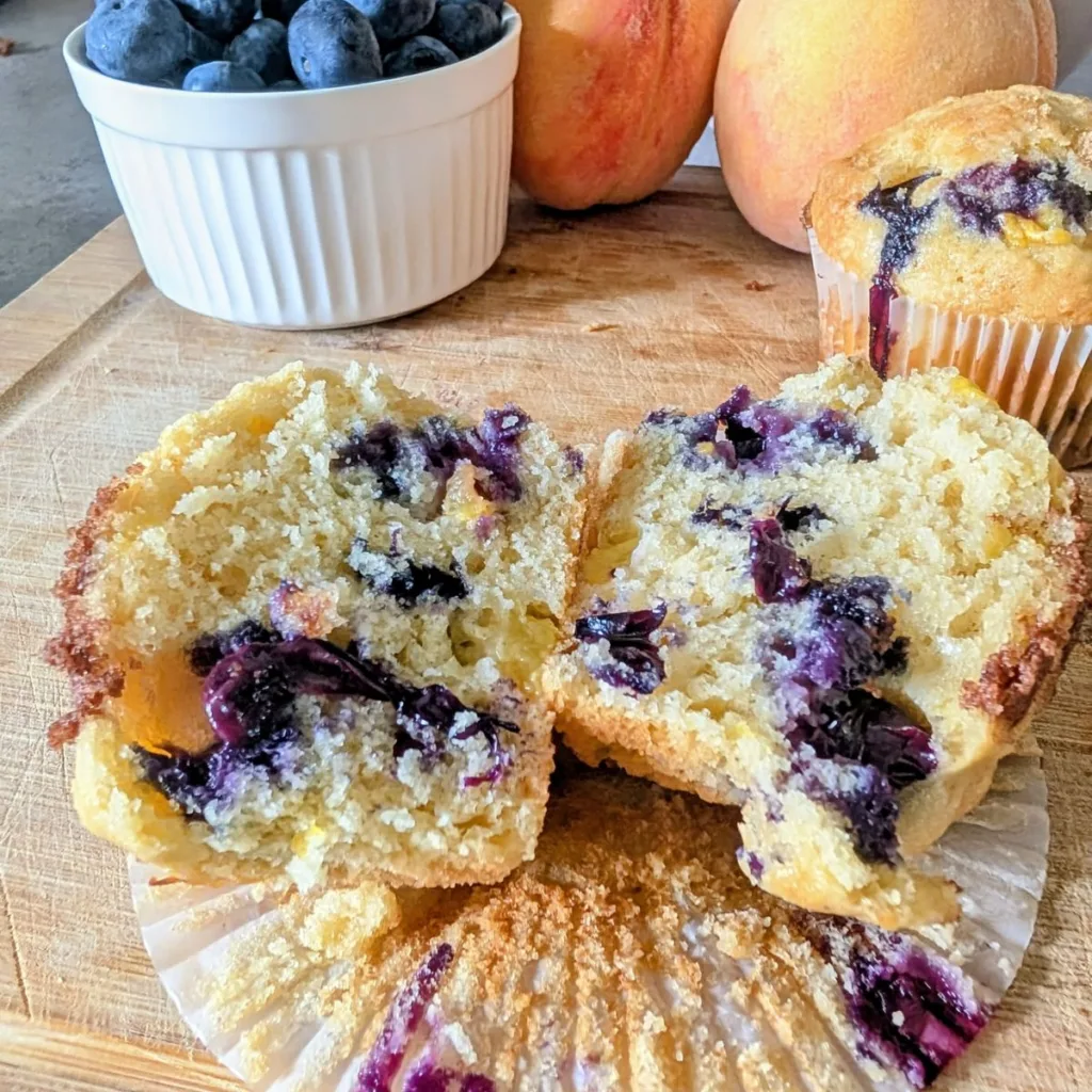 A blueberry peach muffin cut in half, lying on the muffin paper. A small white bowl of blueberries is in the top left; two peaches are placed beside the blueberries, and another muffin is on the right of the peaches.